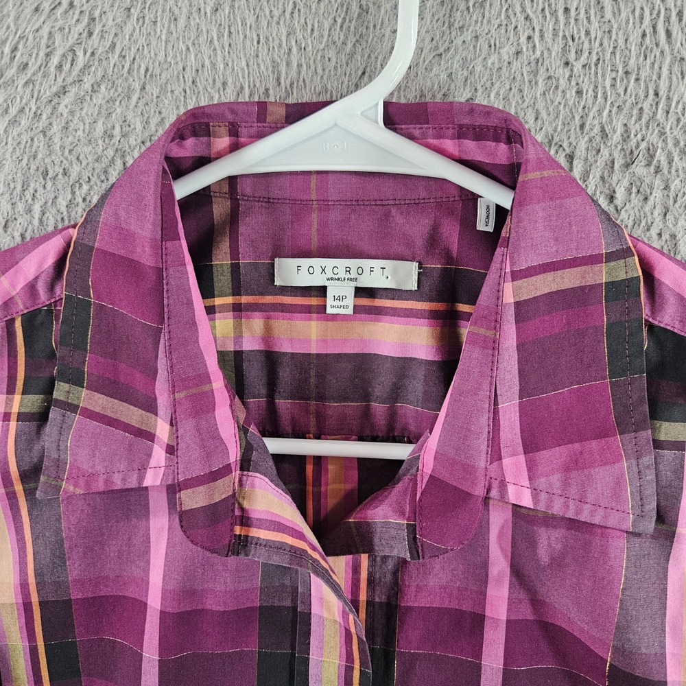 Foxcroft Petite 14P Purple Pink Plaid Wrinkle Free Button Up Shirt Metallic Gold - Picture 3 of 9